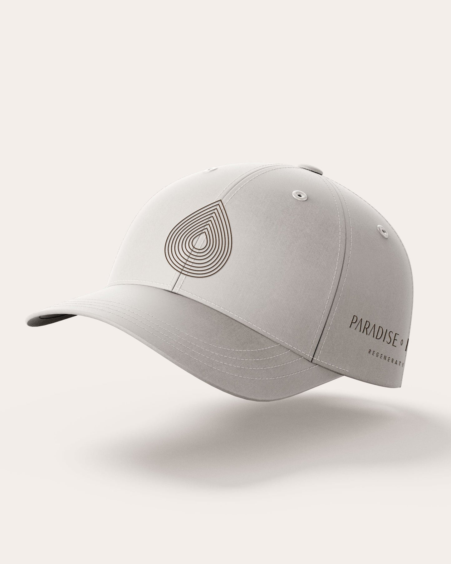 Gray baseball cap with a logo on a light gray background