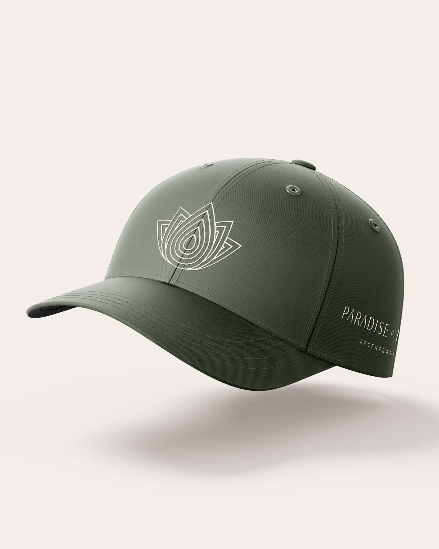 Green baseball cap with a logo on a light gray background