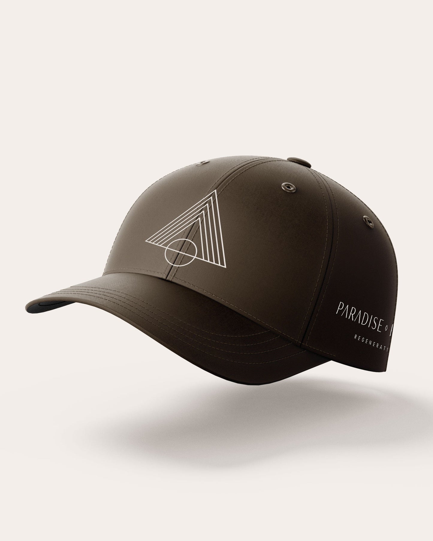 Dark brown baseball cap with a logo on a light gray background