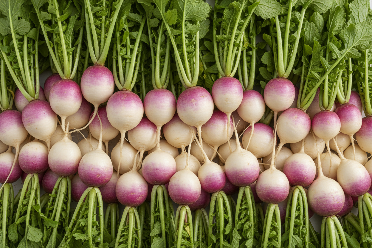 Hi can you please generate a hakuri radish image thay shows the colors and a full frame of the radish? I want quantity to show like if it was a full image of many radishes