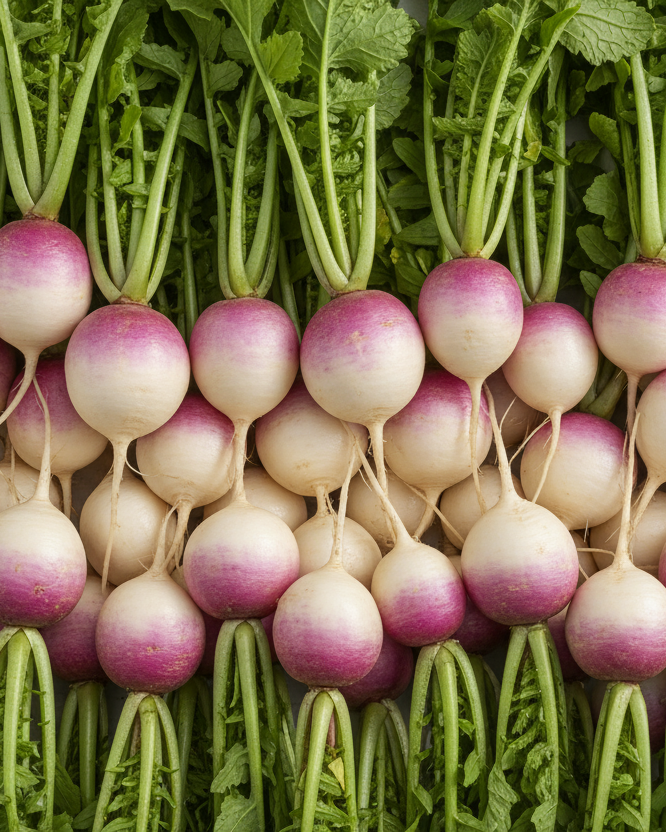 A bunch of fresh white Hakurei salad turnips with smooth skin and vibrant green leaves.